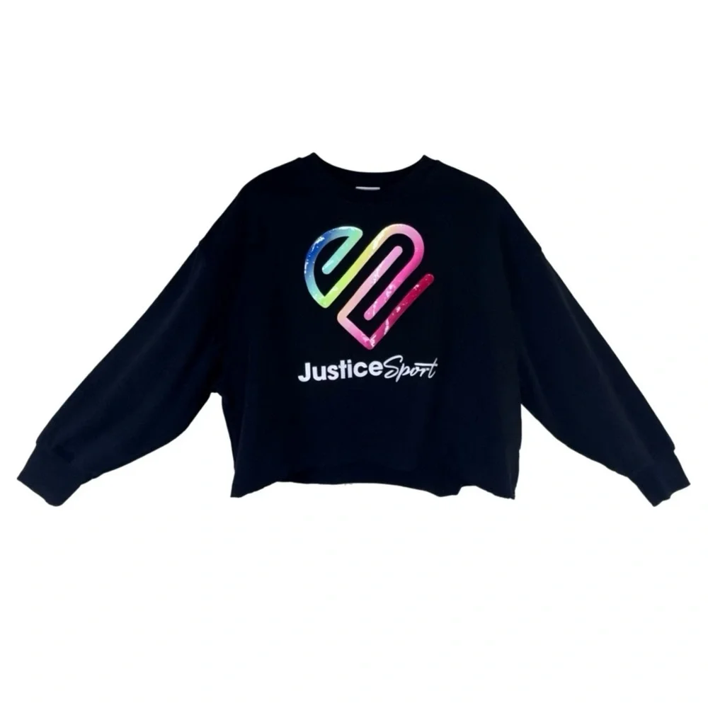 Justice Girls Glitter Gel Logo Black Oversized Raw Hem Boxy Cropped Sweatshirt